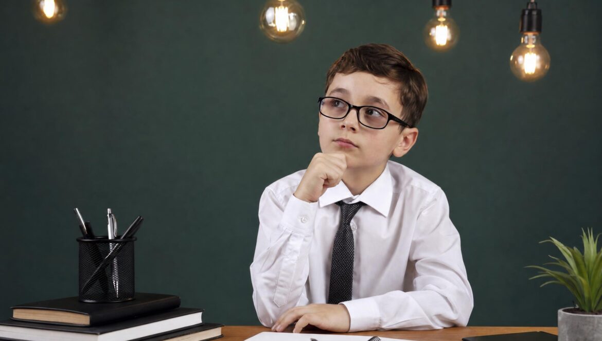A young boy in a white shirt tie and glasses at a desk in front of a dark green wall with light bulbs hanging above him thoughtful | edCircuit A young boy in a white shirt tie and glasses at a desk in front of a dark green wall with light bulbs hanging above him thoughtful