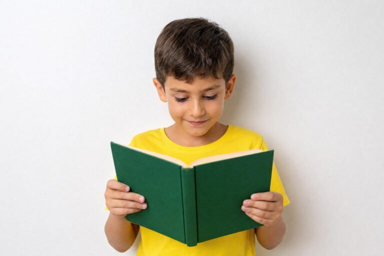A young boy in a yellow shirt reading an open green book against a plain white wall