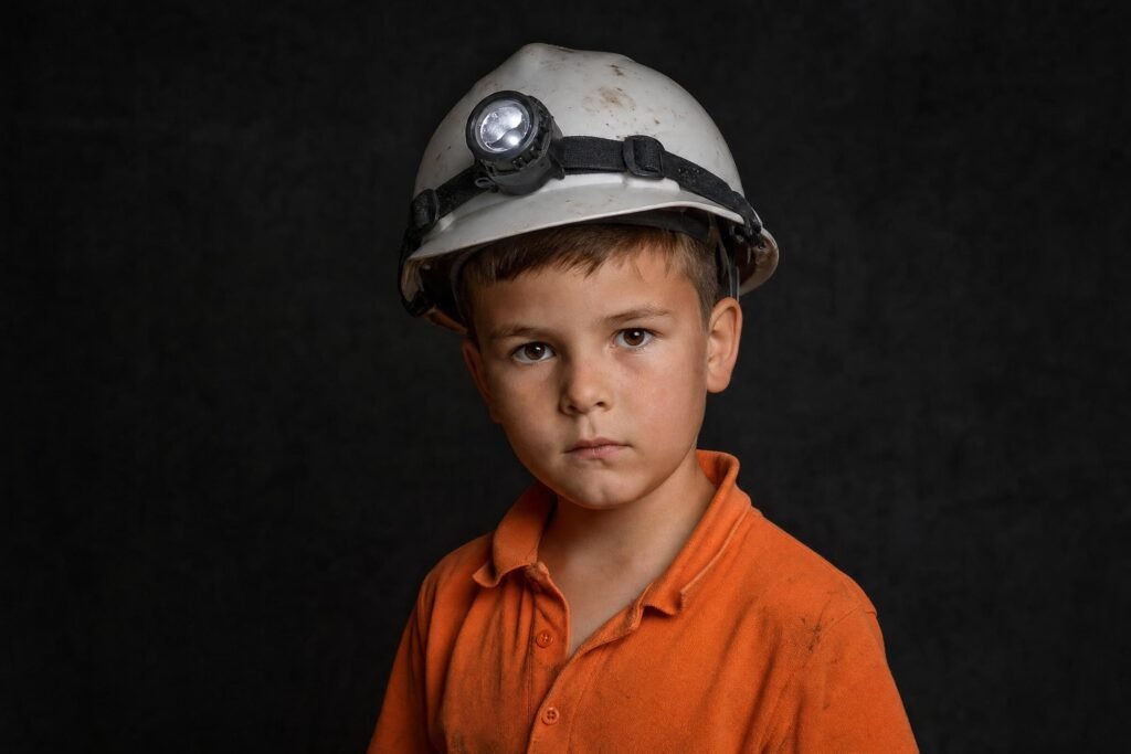 A young boy in an orange polo shirt wearing a white miners hard hat with a headlamp serious expression dark background studio light | edCircuit A young boy in an orange polo shirt wearing a white miners hard hat with a headlamp serious expression dark background studio light