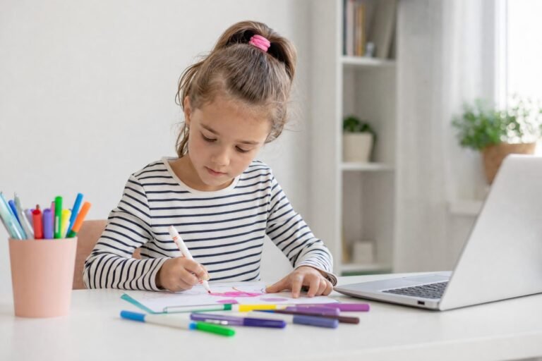 A young girl in a striped shirt drawing with markers at a white table, a pencil cup and a laptop beside her, bright room