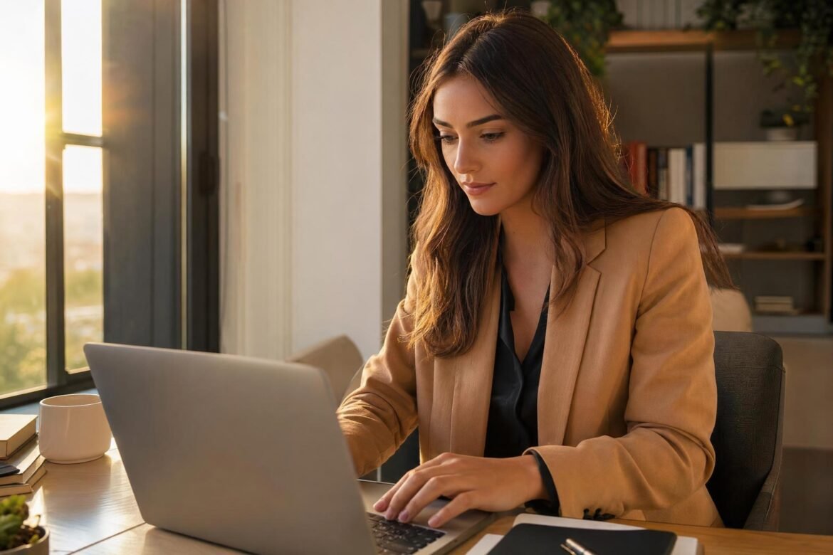 A young woman in a tan blazer working at a laptop at a desk by a window, warm evening light