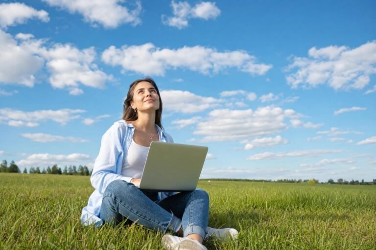 A young woman sitting in a wide green meadow under a bright blue sky with a laptop on her knees, looking up at the sky, sunny day