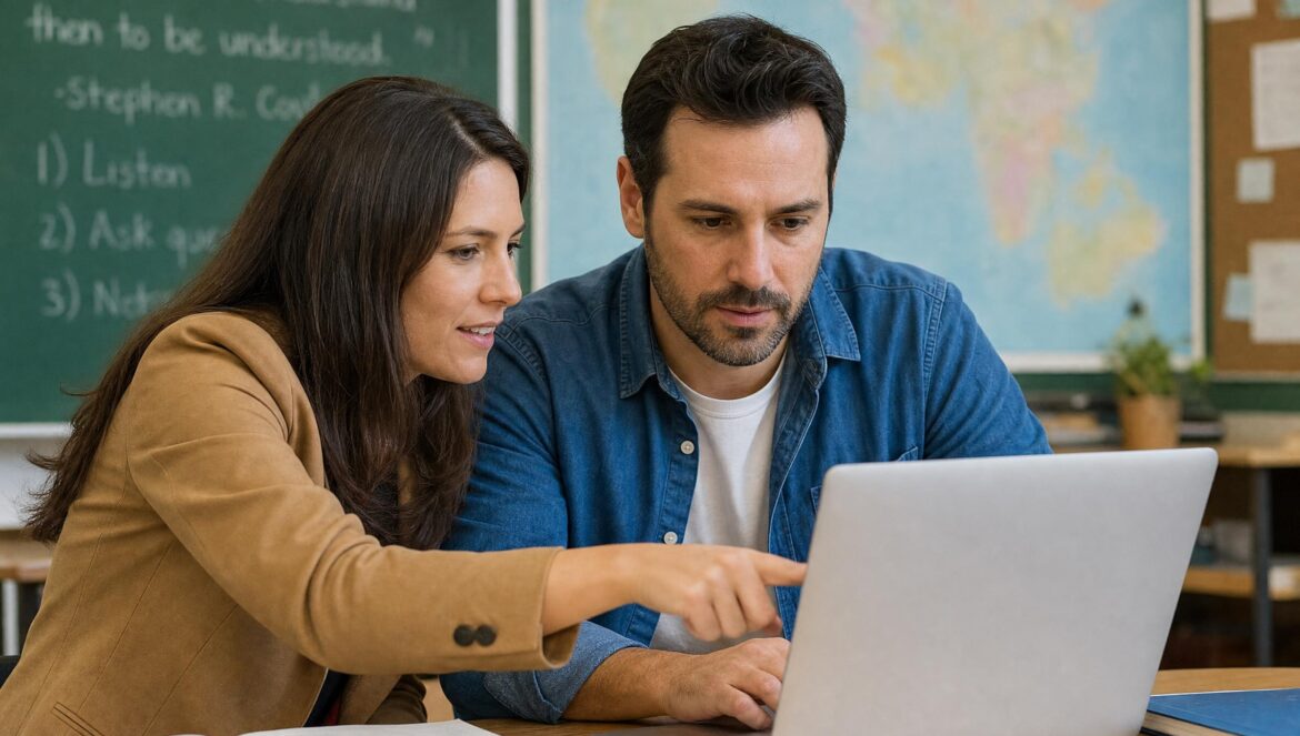 An adult man and woman sitting together at a laptop in a classroom the woman pointing at the screen | edCircuit An adult man and woman sitting together at a laptop in a classroom the woman pointing at the screen