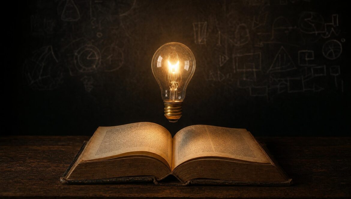 An old open book on a wooden table in a dark room with a glowing light bulb floating just above its pages chalk sketches faint on the wall behind | edCircuit An old open book on a wooden table in a dark room with a glowing light bulb floating just above its pages chalk sketches faint on the wall behind