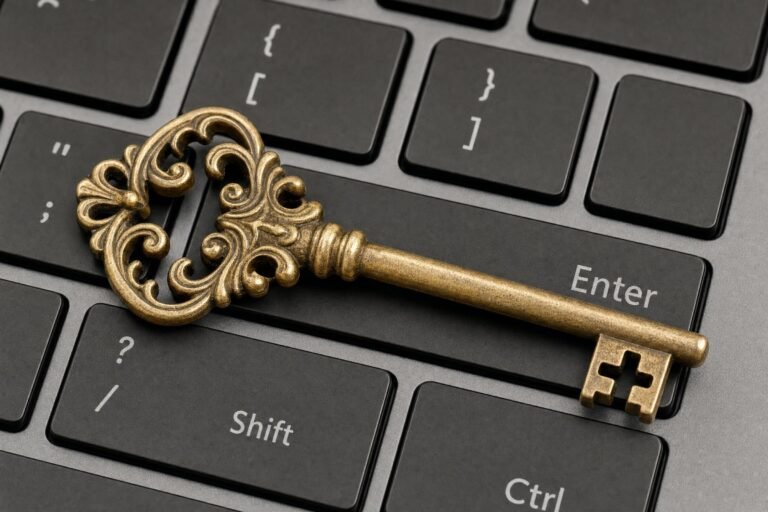 An ornate vintage brass key resting on a modern computer keyboard