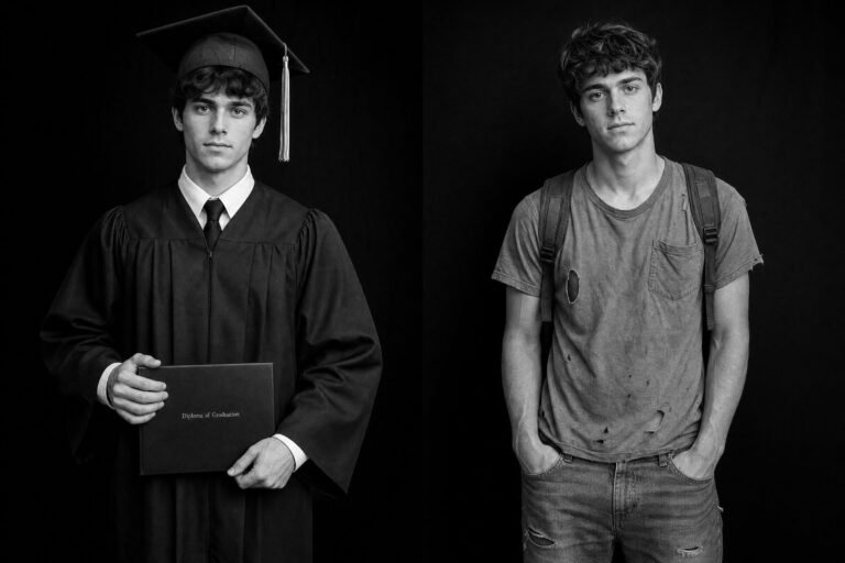 Black-and-white side-by-side photograph: on the left a young man in a graduation gown holding a diploma, on the right a young man of the same age in a worn t-sh