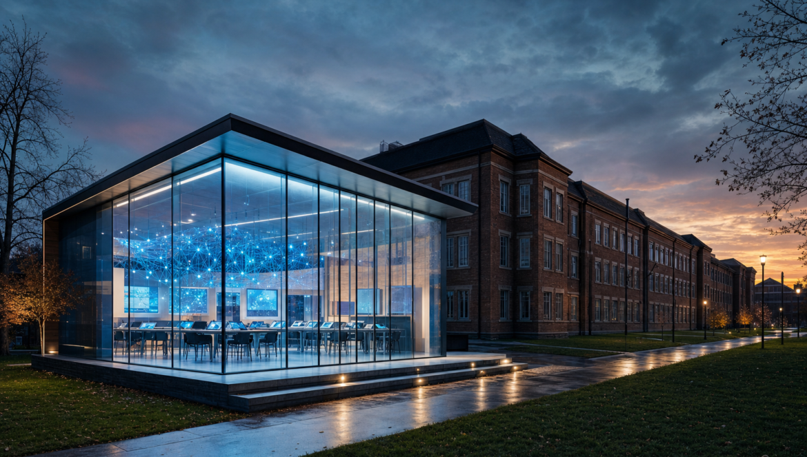 AI in charter schools a small glass walled school glows like an innovation lab full of AI light in front of a dim traditional brick school building at dusk