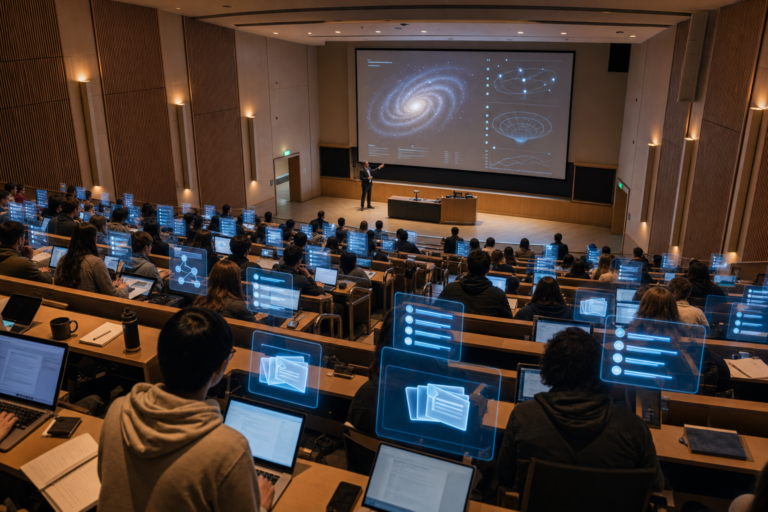 Students in a university lecture hall use laptops as glowing AI panels turn the live lecture into notes, diagrams and flash cards