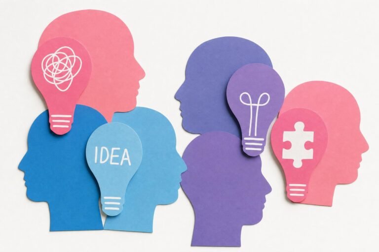 Colorful overlapping paper cut-out silhouettes of human heads and light bulbs in pink, blue and purple on a white background