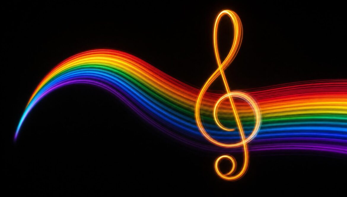 Colorful rainbow light trails forming a flowing wave with a glowing treble clef shape black background | edCircuit Colorful rainbow light trails forming a flowing wave with a glowing treble clef shape black background