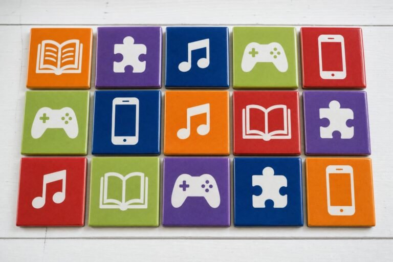 Colorful square ceramic tiles arranged in a neat grid on a white table, each printed with a simple white icon such as a book, a game controller, a phone, a puzz
