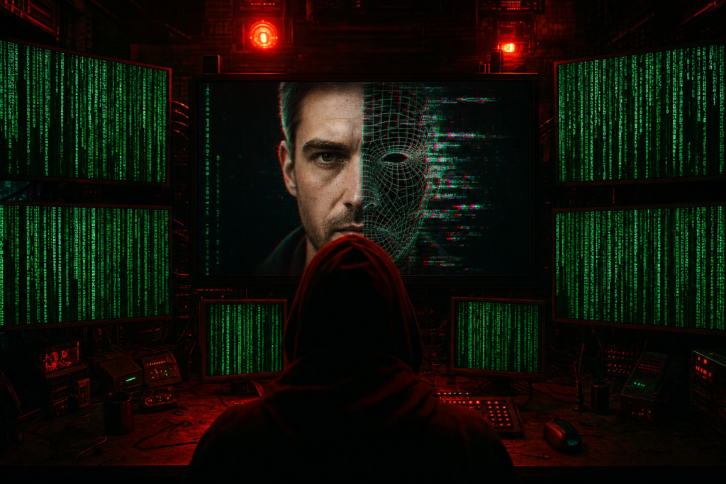 AI Deepfake Response Plans for School Districts | edCircuit Deepfake response plan a hooded figure faces hacking screens where a face is forged into a glitching wireframe mask under red alarm light