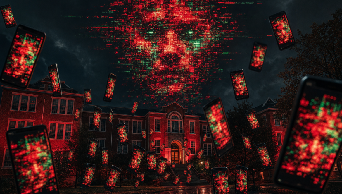 AI Deepfakes The New School Safety Threat | edCircuit AI deepfakes as a school safety threat a glitching hacked face looms over a school at night while phones showing the same face spread outward