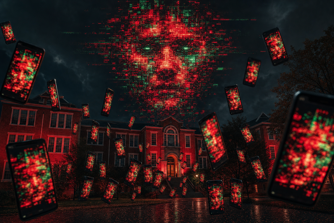 AI deepfakes as a school safety threat: a glitching hacked face looms over a school at night while phones showing the same face spread outward