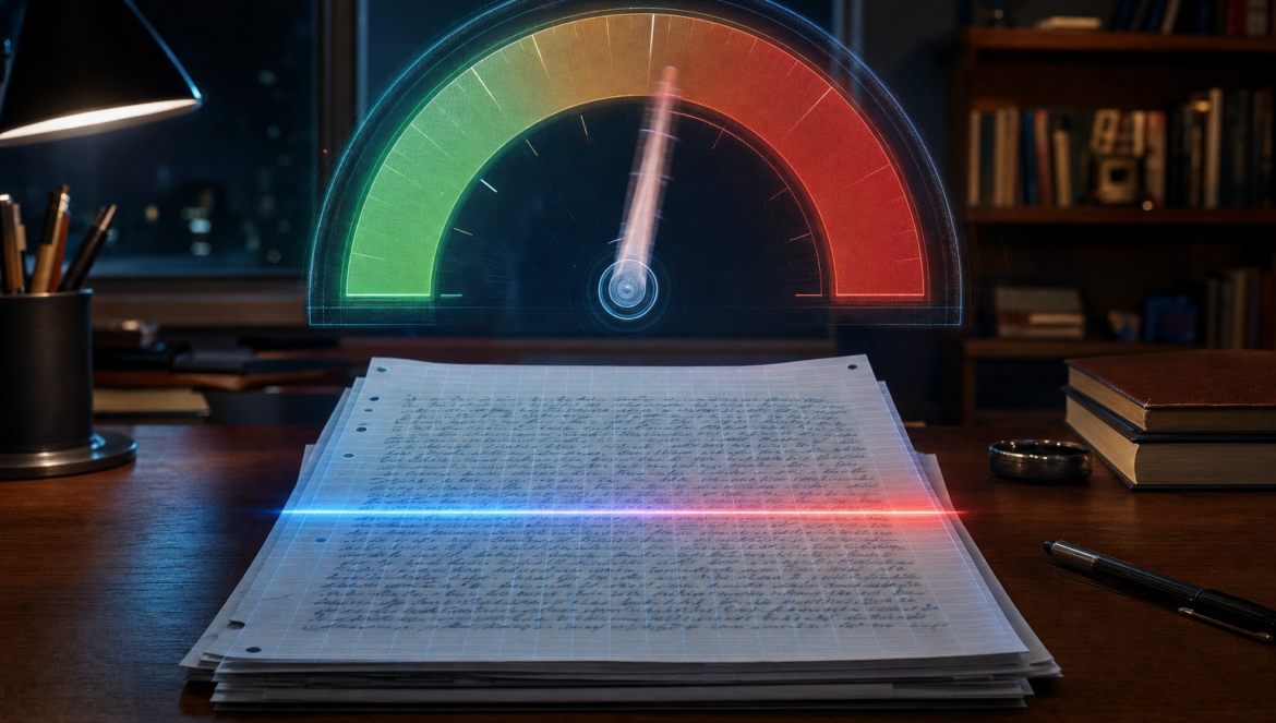 AI Detection in Schools Rethinking Assessment | edCircuit AI detection in schools handwritten essay pages swept by a scanning beam under a detection gauge whose needle wavers in the middle