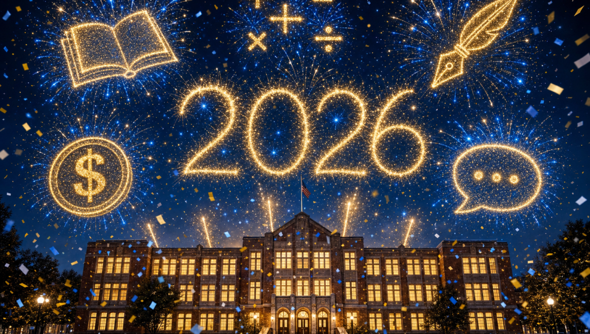 Fireworks spell 2026 over a school with bursts shaped like a book math symbols a pen a coin and a speech bubble