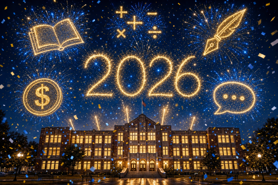 Fireworks spell 2026 over a school, with bursts shaped like a book, math symbols, a pen, a coin and a speech bubble