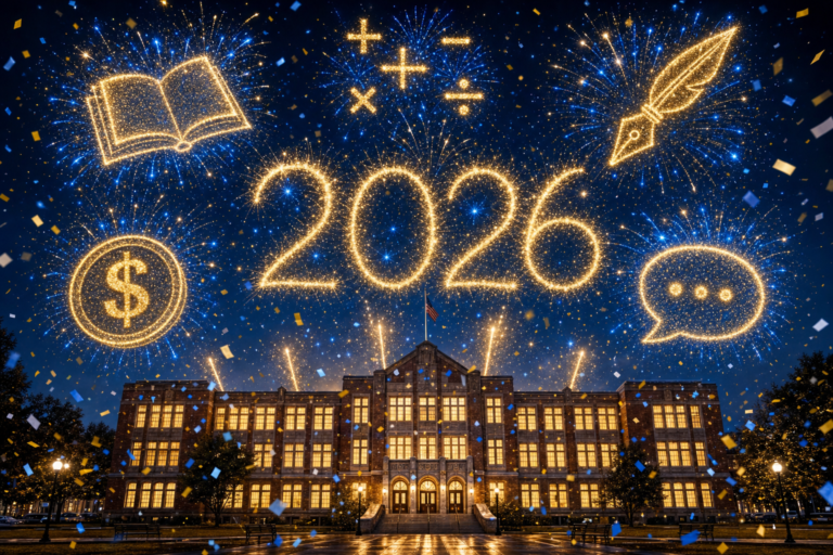 Fireworks spell 2026 over a school, with bursts shaped like a book, math symbols, a pen, a coin and a speech bubble