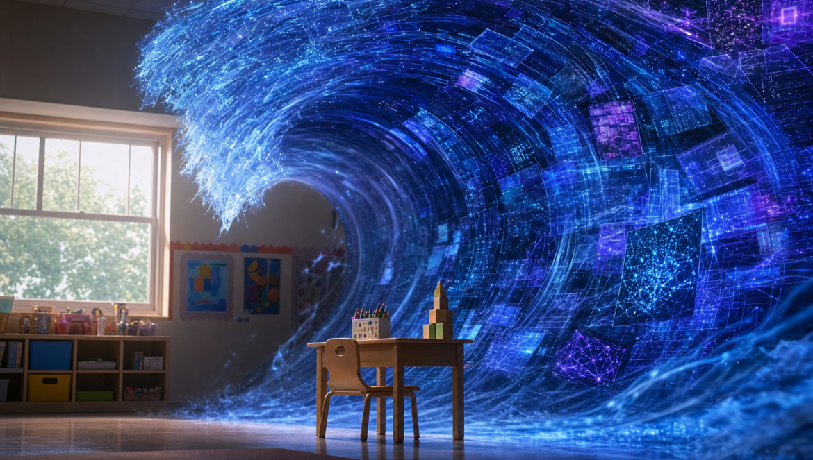 AI in elementary schools too much too soon a giant wave of AI screens and light curls over a tiny kindergarten desk with crayons and a block tower