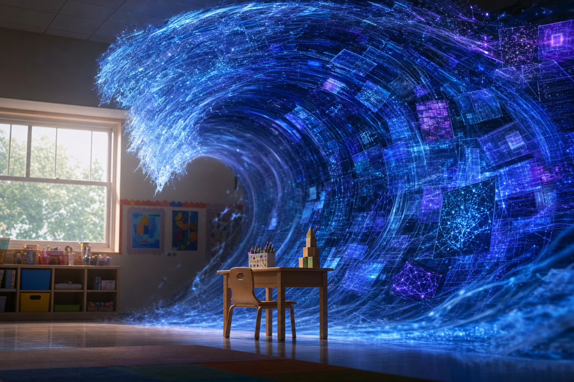 AI in elementary schools, too much too soon: a giant wave of AI screens and light curls over a tiny kindergarten desk with crayons and a block tower