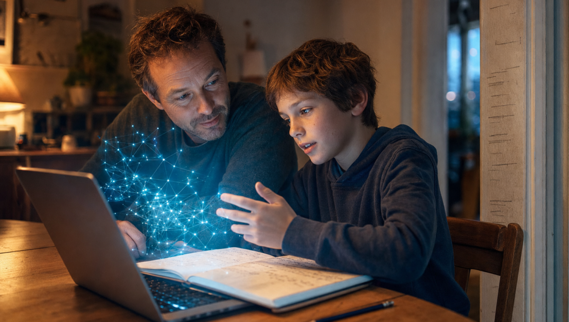 AI for Students A Parents Guide by Age | edCircuit A father and son look at homework at the kitchen table as AI light rises from the laptop growth marks on the door frame