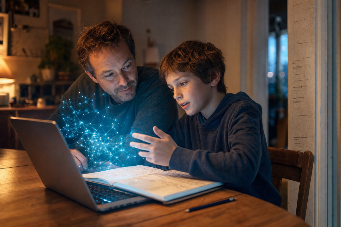 A father and son look at homework at the kitchen table as AI light rises from the laptop, growth marks on the door frame
