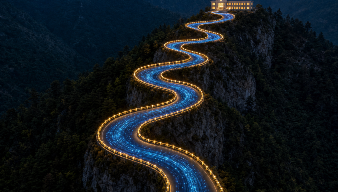 AI Guardrails Are Reshaping K12 Schools | edCircuit AI guardrails in K 12 schools an aerial view of a winding mountain road of blue AI data light kept on course by glowing golden guardrails up to a lit school