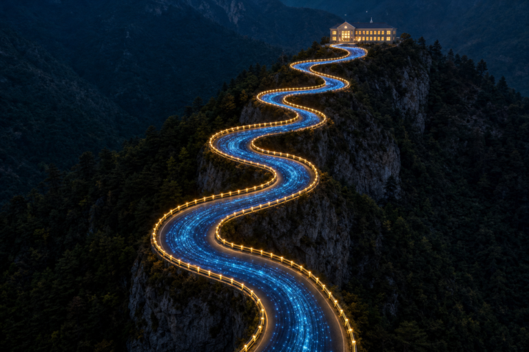 AI guardrails in K-12 schools: an aerial view of a winding mountain road of blue AI data light kept on course by glowing golden guardrails up to a lit school