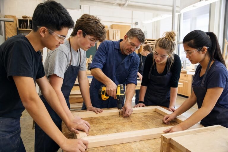 High school students and a teacher building a wooden frame together in a school woodworking shop, daylight