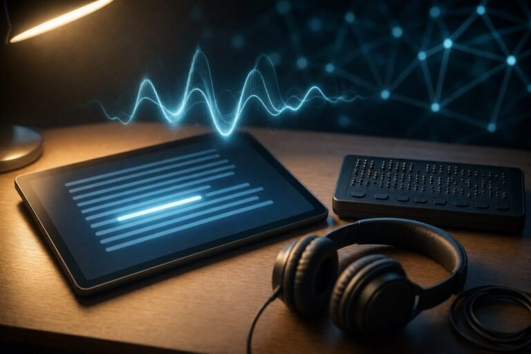 A tablet reading a line of text aloud with a glowing sound wave, beside headphones and a braille display on a desk