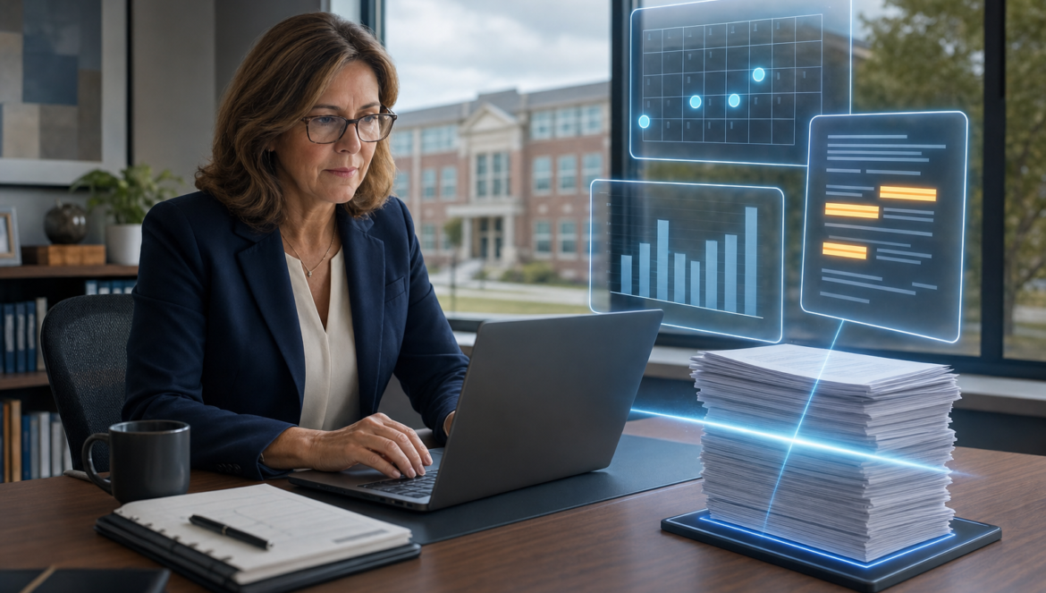 AI in K12 Procurement Operations Today | edCircuit AI in K 12 procurement operations a district business officer at her laptop while AI scans a stack of vendor contracts showing a renewal calendar spending chart and flagged clauses