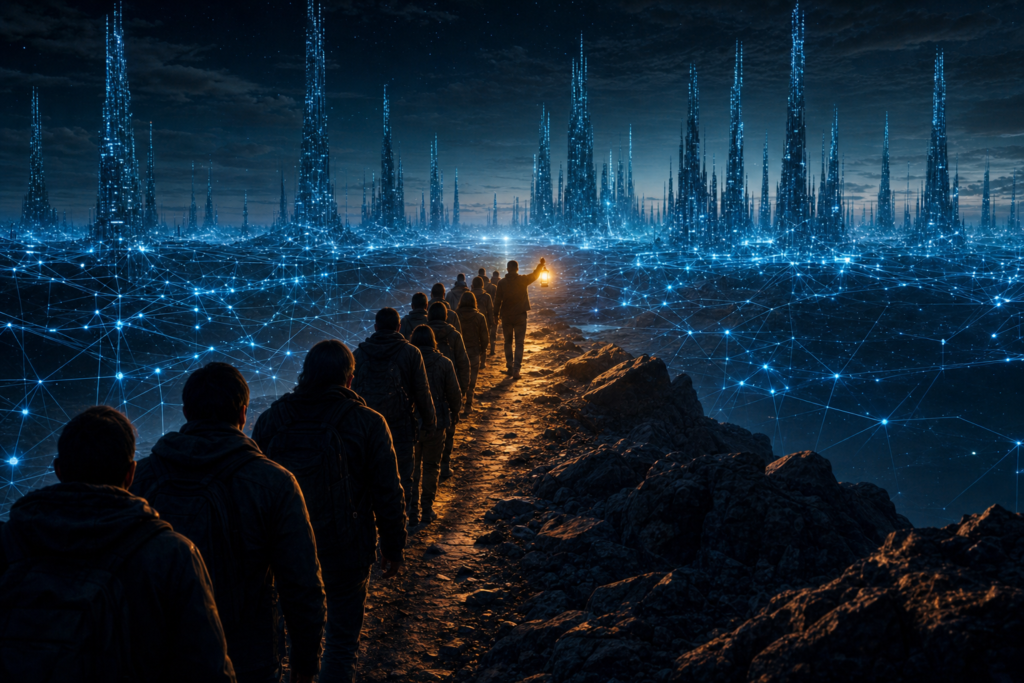 AI leadership in schools a leader with a warm lantern guides a line of people along a path through a vast blue landscape of AI networks