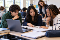 Three students collaborate at a classroom desk looking at a textbook and laptop