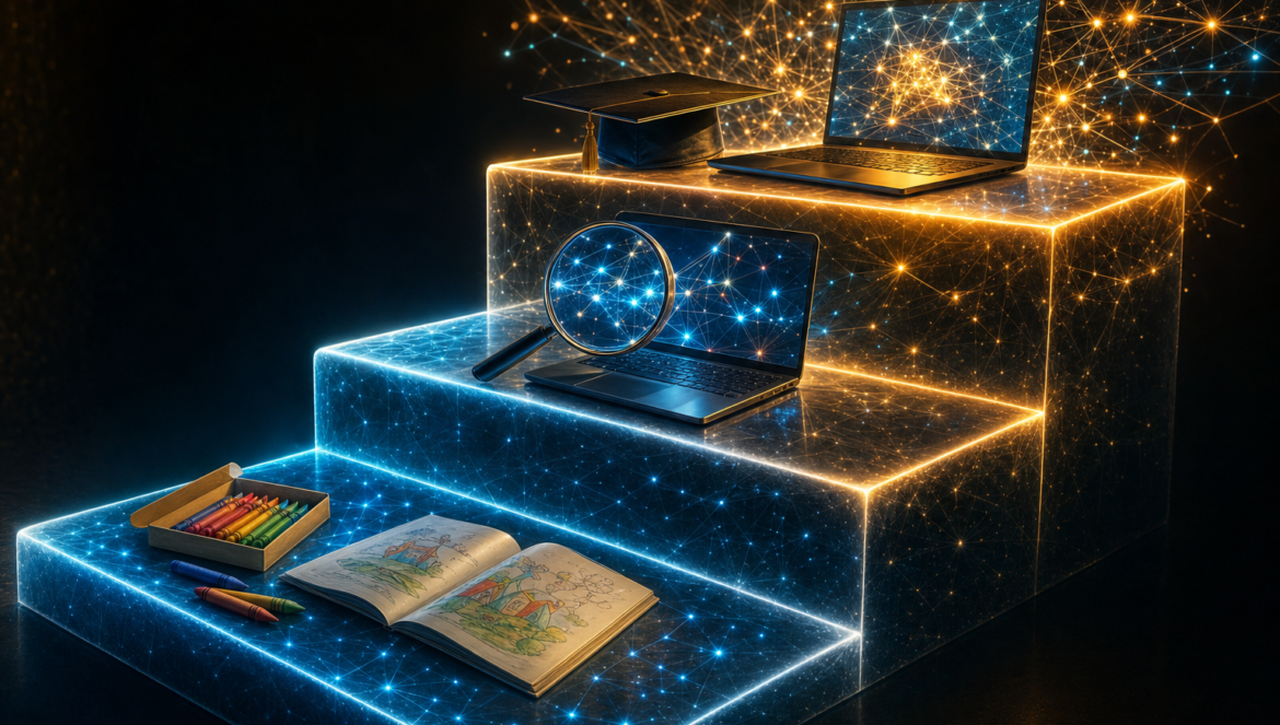 AI Literacy for Students A GradebyGrade Guide | edCircuit AI literacy for students grade by grade three glowing steps of AI light holding crayons and a picture book a magnifying glass over a laptop and a graduation cap