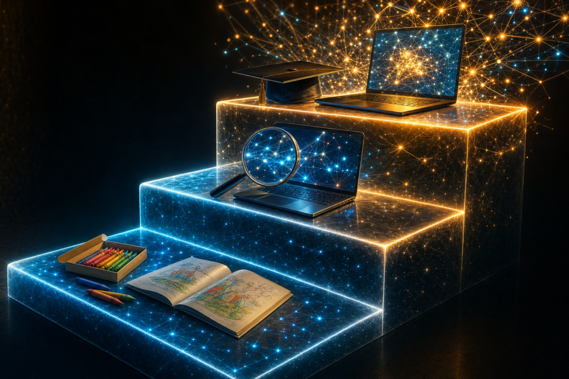 AI literacy for students grade by grade: three glowing steps of AI light holding crayons and a picture book, a magnifying glass over a laptop, and a graduation cap