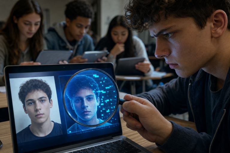 A high school student uses a magnifying glass on a laptop to reveal that one of two matching portraits is an AI deepfake made of digital mesh