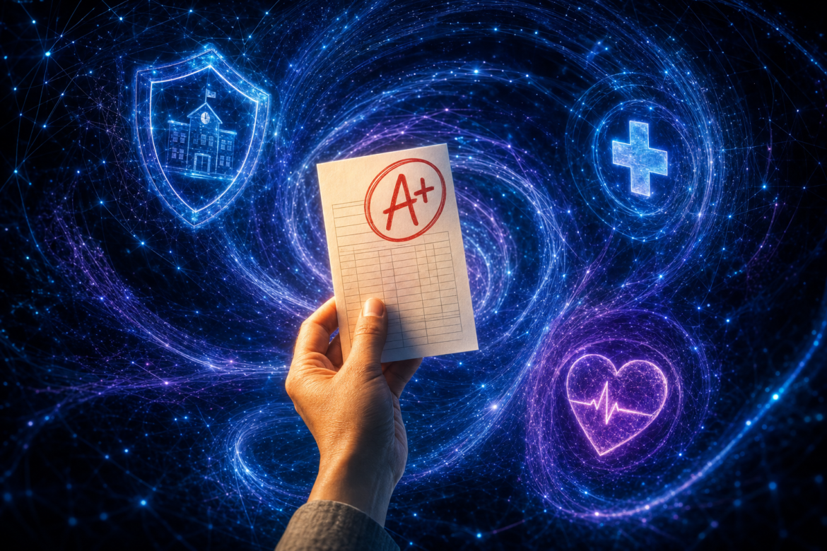 AI in schools and decisions it should never make: a human hand holds an A-plus report card steady inside a swirl of AI light carrying safety and mental-health symbols