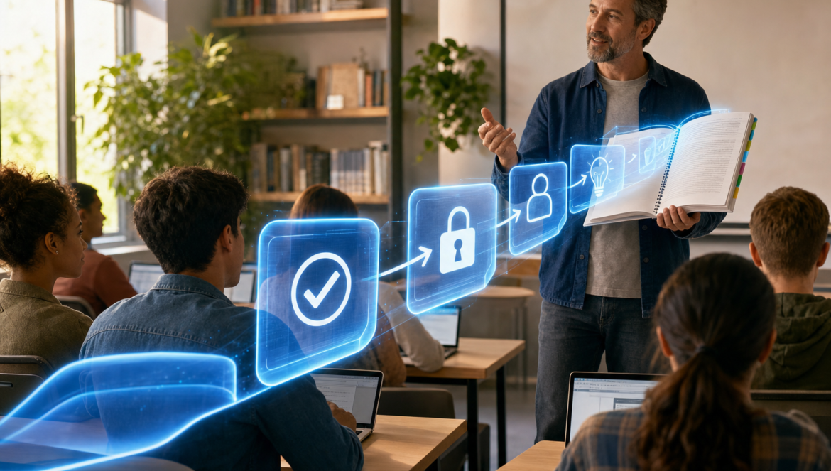 AI operational handbook for school districts a teacher holds open a tabbed handbook as glowing step by step guide cards flow from its pages over students at laptops