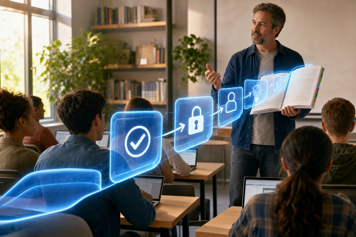 AI operational handbook for school districts: a teacher holds open a tabbed handbook as glowing step-by-step guide cards flow from its pages over students at laptops