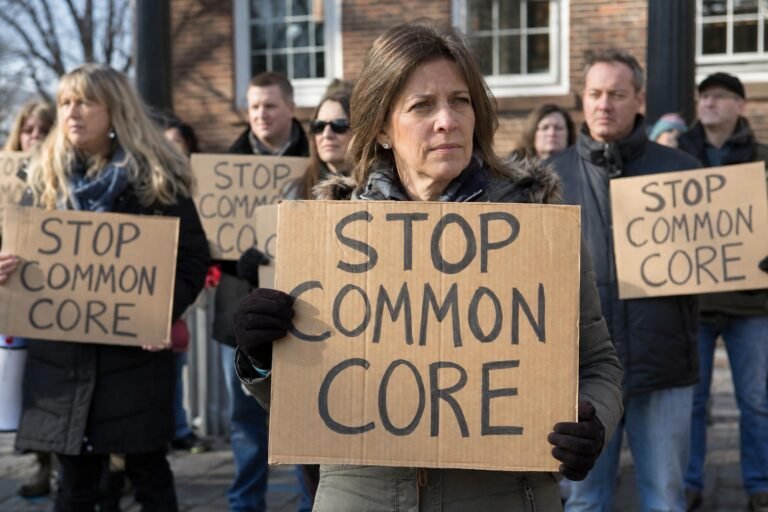 Parents at an outdoor education rally holding handmade cardboard signs that read STOP COMMON CORE, a middle-aged woman in front, daylight, documentary style