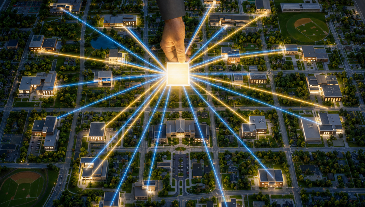 AI policy in education and equity a top down view of a model school district where one glowing policy sends equal beams of light to every school