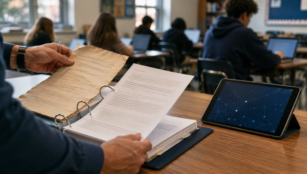 Persons hands flip through a binder with loose papers on a wooden desk in a classroom with a tablet showing a blue network pattern nearby
