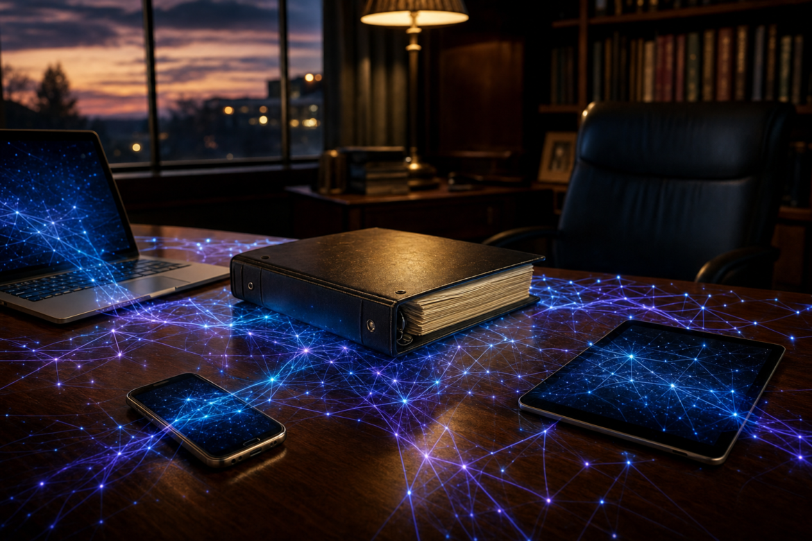 AI policy for schools: a closed policy binder on an administrator's desk while glowing AI network lines spread from a laptop, phone and tablet