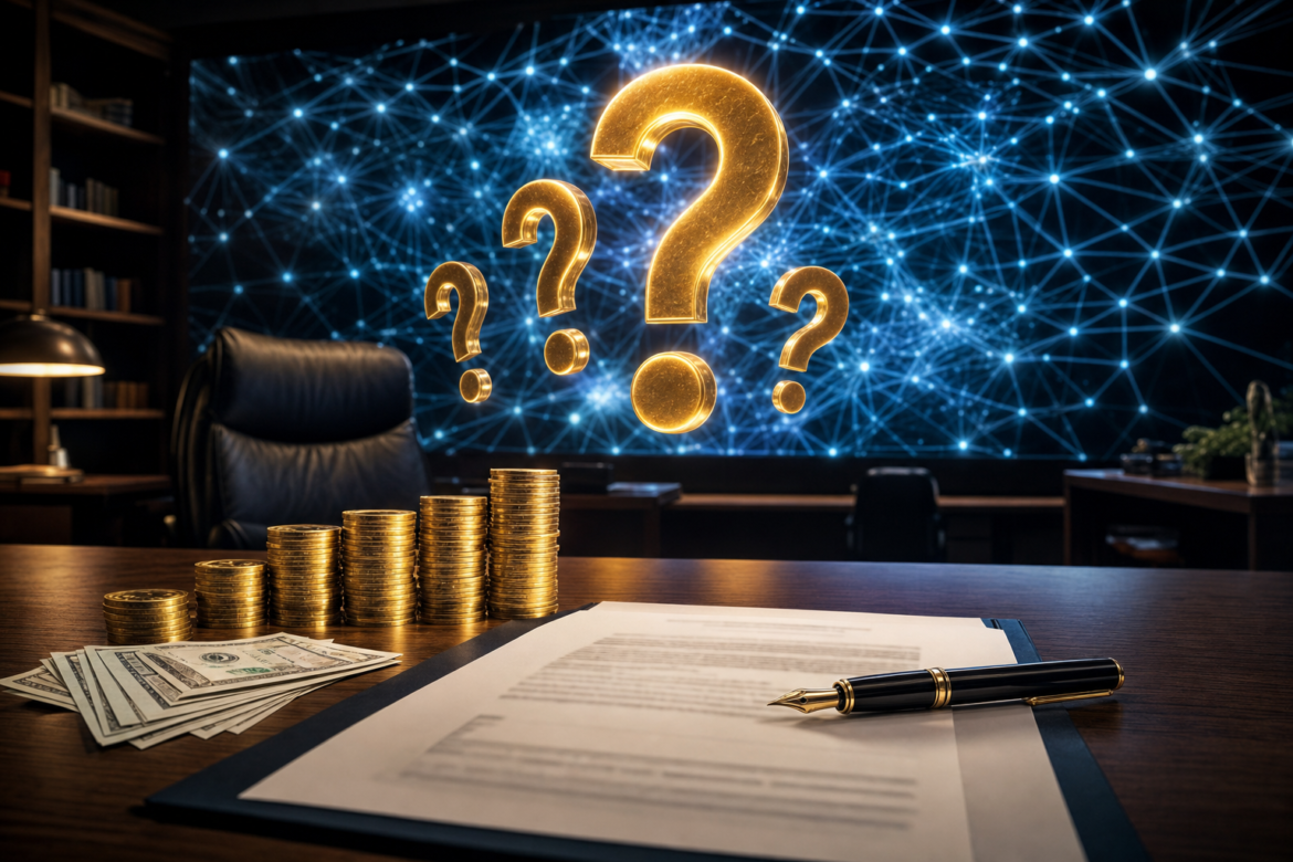 AI procurement for schools: glowing gold question marks over coins, dollar bills and an unsigned contract, with an AI neural network behind