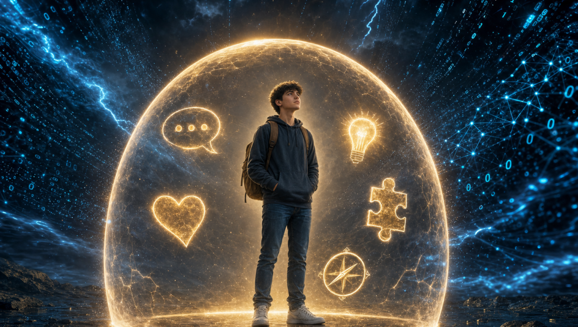 AIProof Skills Every Student Needs | edCircuit AI proof skills a student stands calm inside a glowing golden dome holding symbols of communication creativity empathy critical thinking and adaptability while a storm of AI data swirls outside