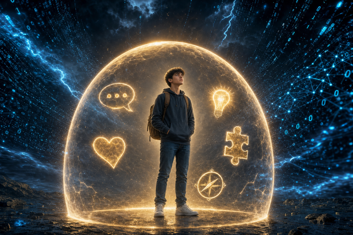 AI-proof skills: a student stands calm inside a glowing golden dome holding symbols of communication, creativity, empathy, critical thinking and adaptability while a storm of AI data swirls outside