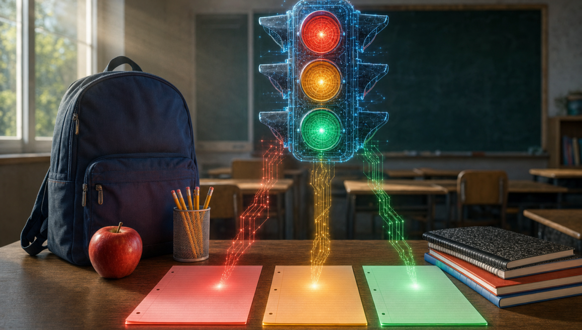 AI rules for schools a glowing AI traffic light above three assignment sheets lit red amber and green on a back to school desk