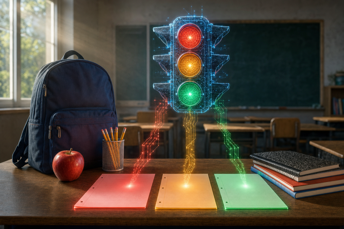 AI rules for schools: a glowing AI traffic light above three assignment sheets lit red, amber and green on a back-to-school desk
