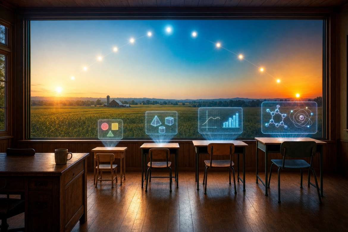 AI in rural classrooms, a day in the life: desks of rising sizes each with an AI panel at its level, and the sun arcing over farmland from dawn to dusk