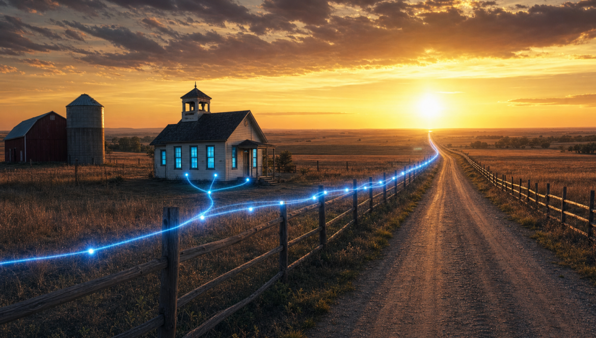 AI in rural schools a single line of glowing AI light runs along a fence across the prairie to a one room rural schoolhouse at sunset